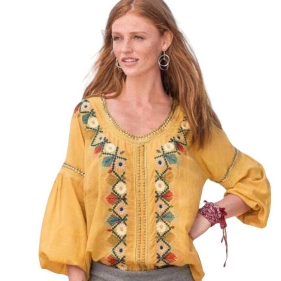 Sundance Sacred Songs Embroidered Yellow Scoop Neck Cotton Tunic Top Medium - Picture 1 of 9